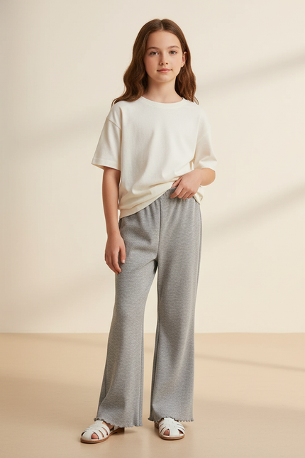 Pantalon Baggy Gris Évasé Côtelé Décontracté Enfant - Maille