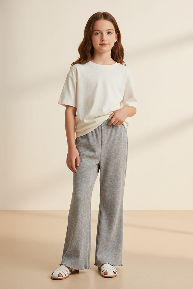 Pantalon Baggy Gris Évasé Côtelé Décontracté Enfant - Maille
