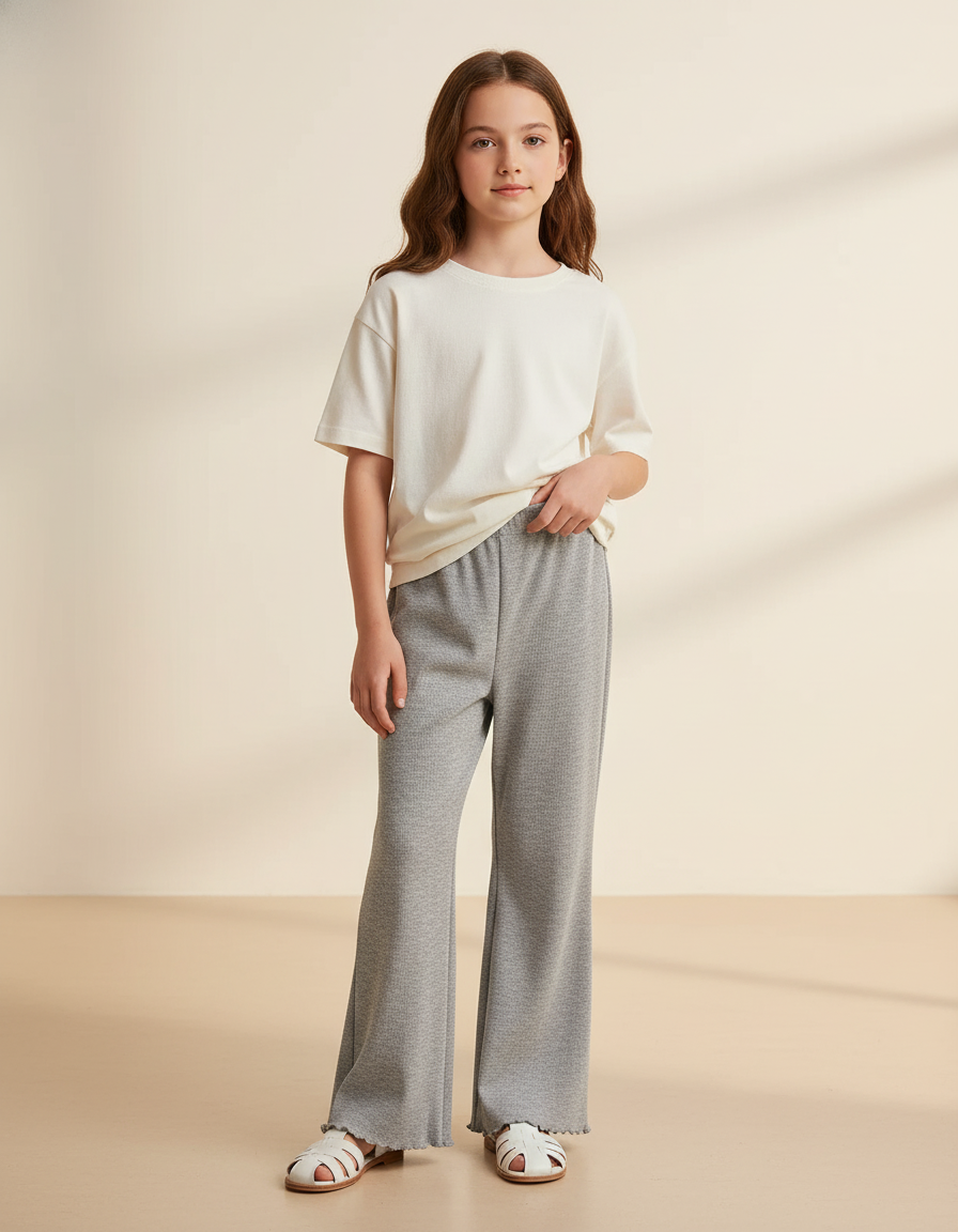 Pantalon Baggy Gris Évasé Côtelé Décontracté Enfant - Maille