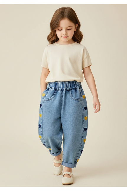 Pantalon Baggy Jean Denim Cœurs Brodés Ample Enfant - Bleu