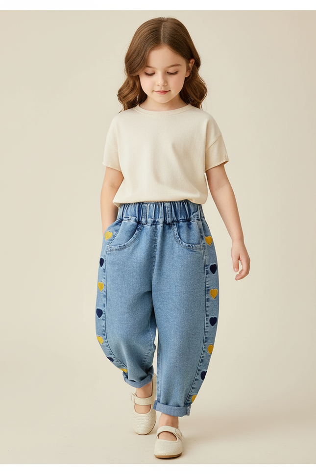 Pantalon Baggy Jean Denim Cœurs Brodés Ample Enfant - Bleu