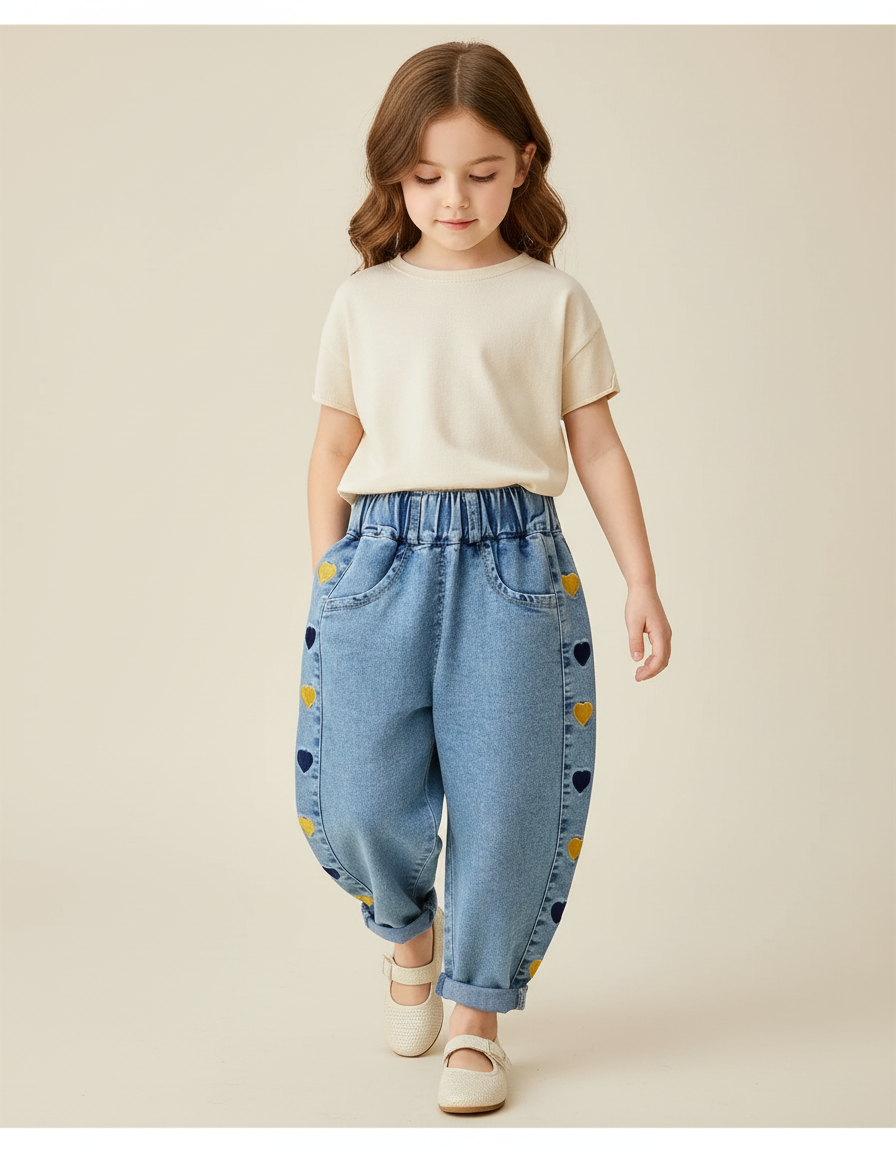 Pantalon Baggy Jean Denim Cœurs Brodés Ample Enfant - Bleu