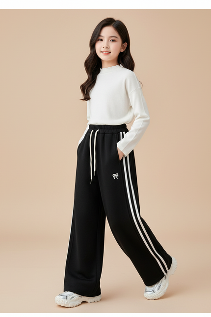 Pantalon Baggy Noir Rayures Blanches Ample Sport Fille - Molleton