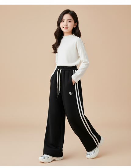 Pantalon Baggy Noir Rayures Blanches Ample Sport Fille - Molleton