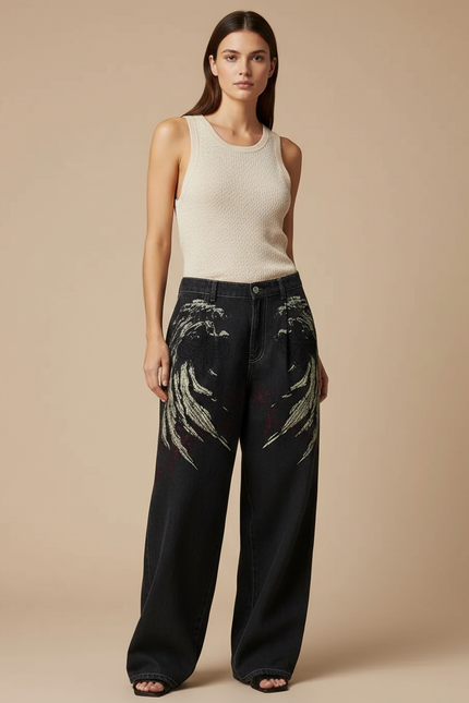 Pantalon Baggy Noir Brodé Large Taille Haute - Jean