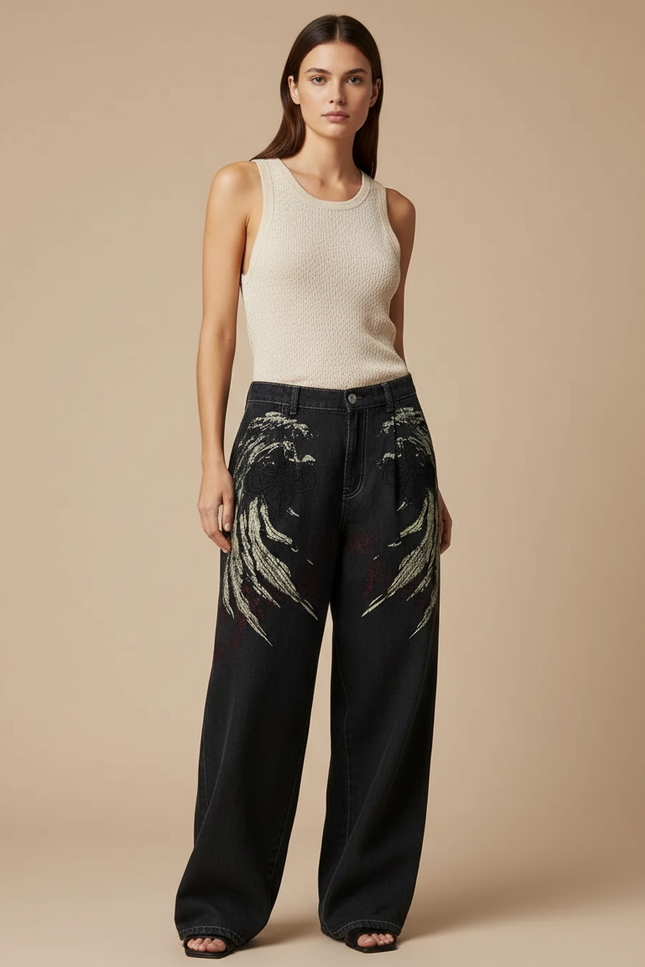 Pantalon Baggy Noir Brodé Large Taille Haute - Jean