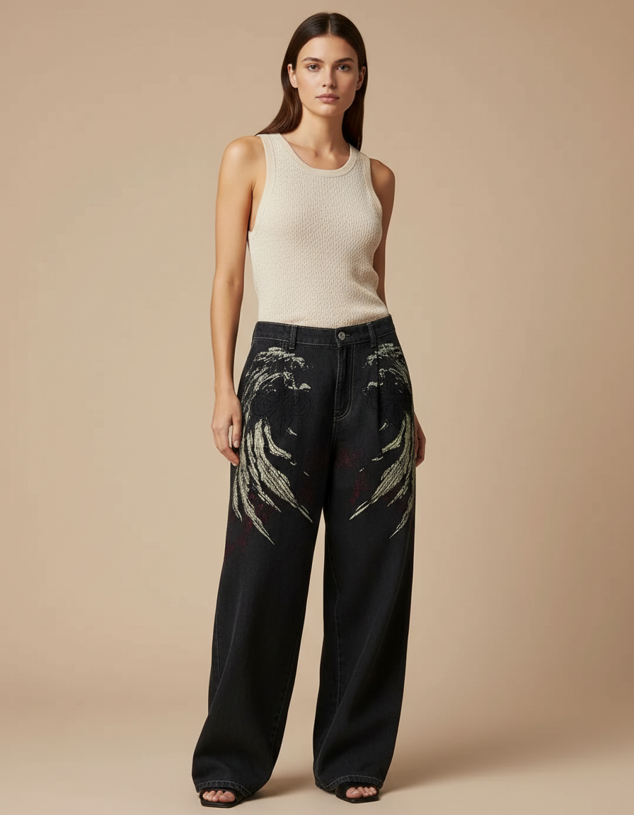 Pantalon Baggy Noir Brodé Large Taille Haute - Jean