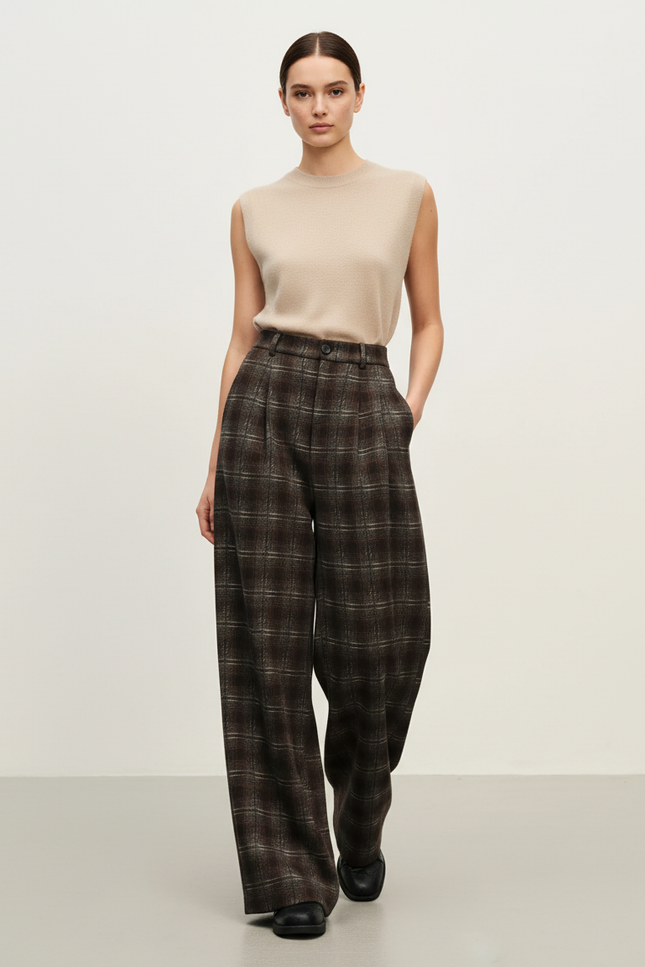 Pantalon Baggy Marron Plaid Ample Décontracté Fluide - Tweed
