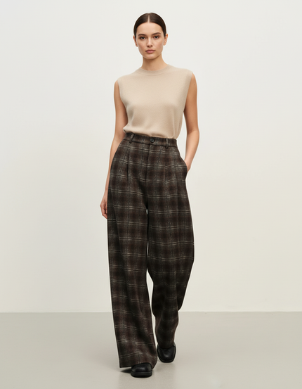 Pantalon Baggy Marron Plaid Ample Décontracté Fluide - Tweed