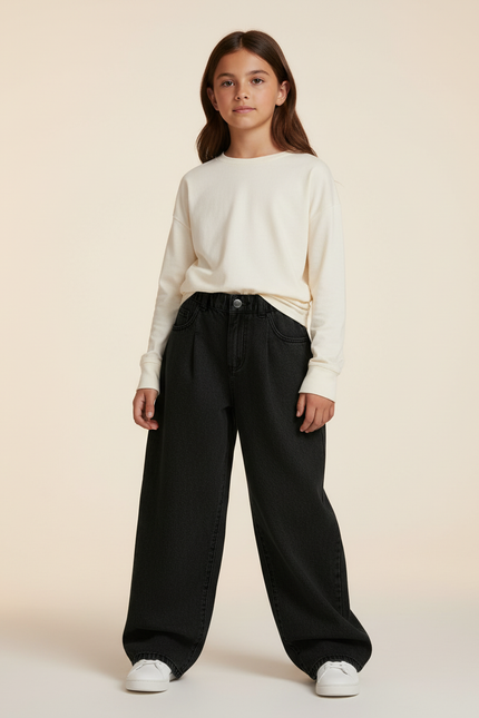 Pantalon Baggy Noir Ample Taille Haute Denim Fille - Jean