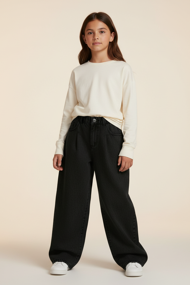 Pantalon Baggy Noir Ample Taille Haute Denim Fille - Jean