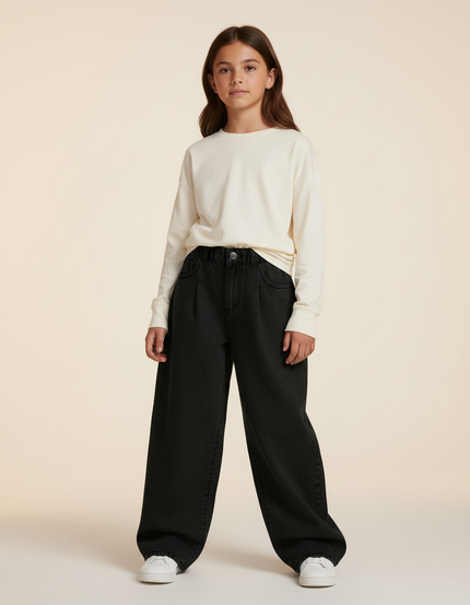 Pantalon Baggy Noir Ample Taille Haute Denim Fille - Jean