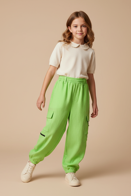 Pantalon Baggy Vert Citron Cargo Taille Élastiquée - Lin