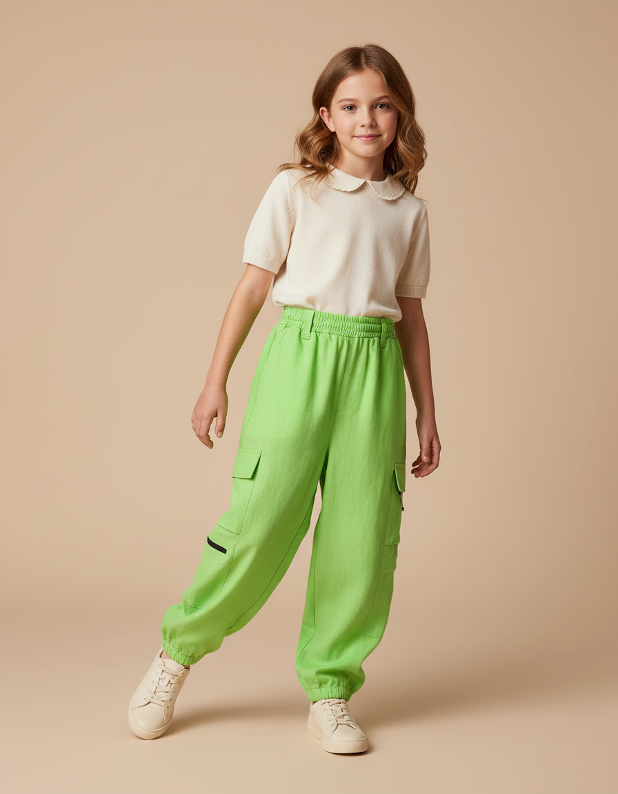Pantalon Baggy Vert Citron Cargo Taille Élastiquée - Lin