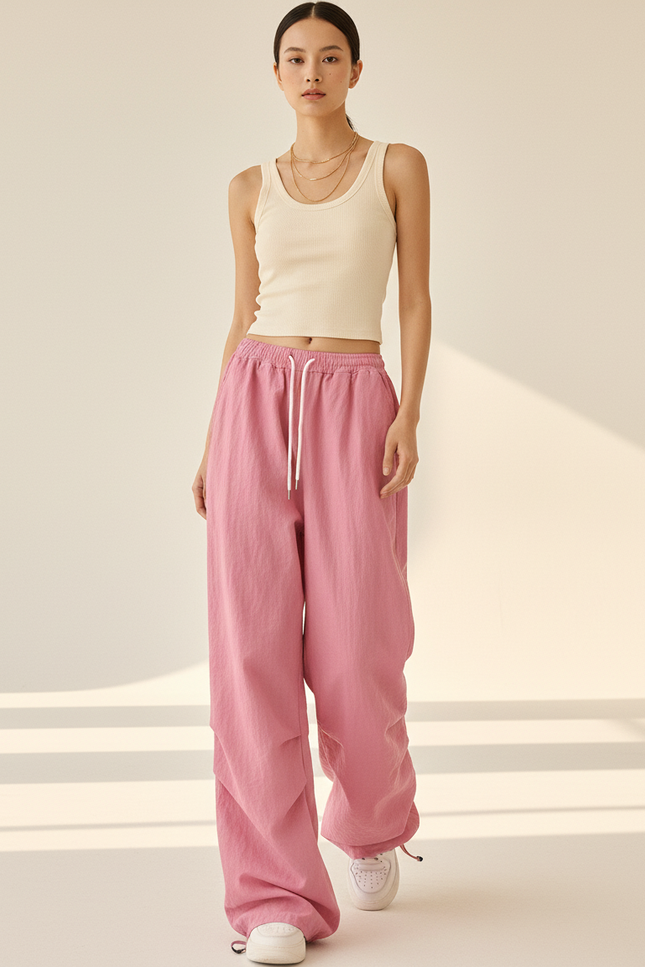 Pantalon Baggy Rose Fluide Ample Cordon Streetwear Femme - Polyester