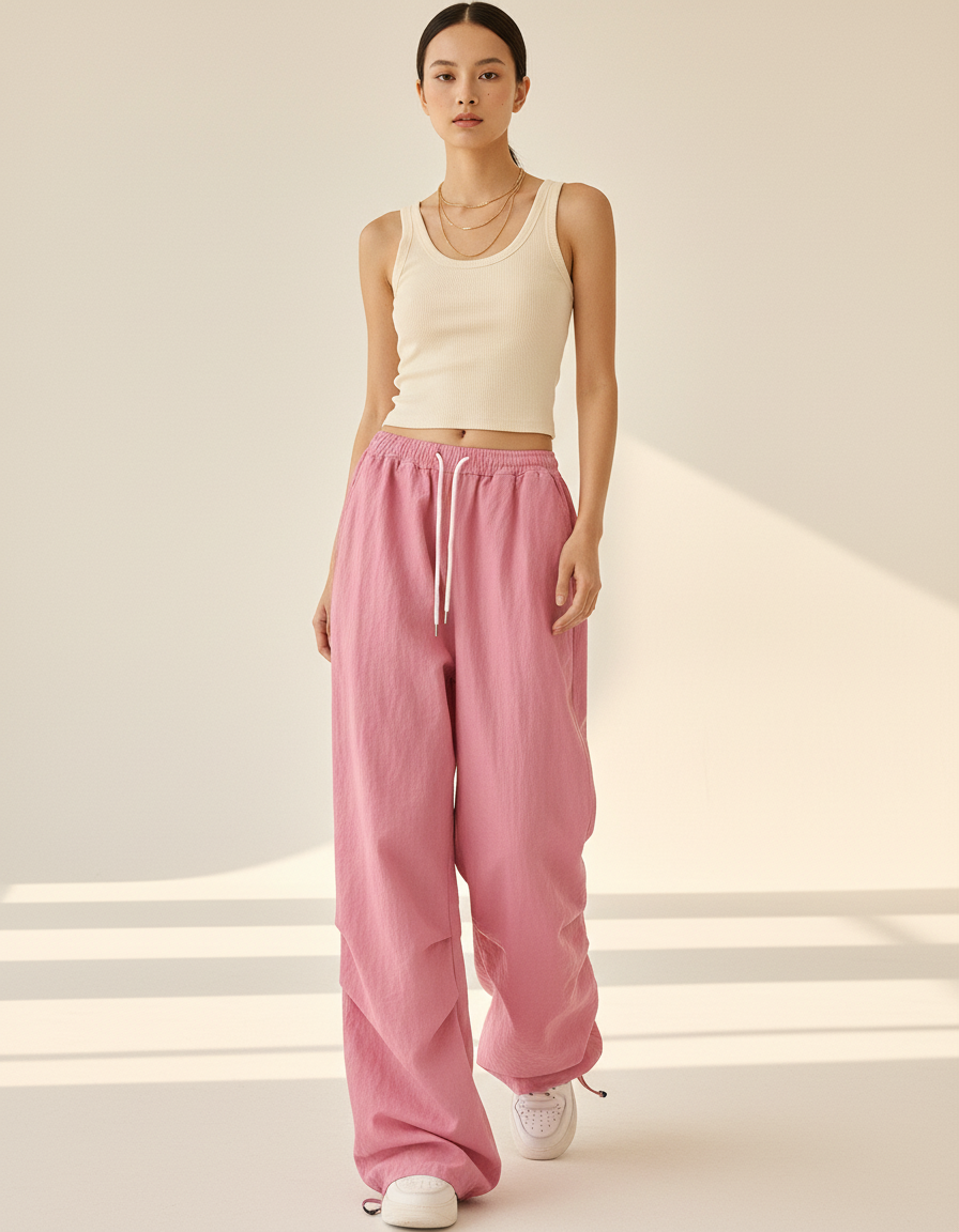 Pantalon Baggy Rose Fluide Ample Cordon Streetwear Femme - Polyester