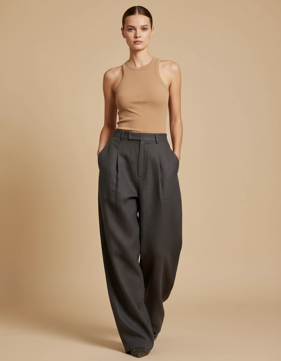 Pantalon Baggy Fluide Femme - Gris Lin