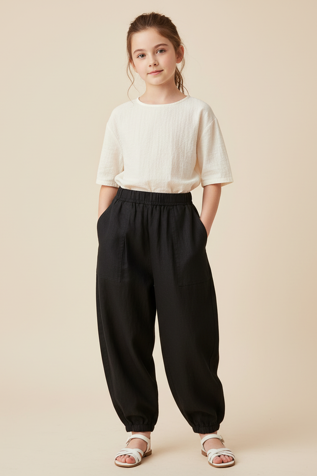 Pantalon Baggy Noir Lin Ample Enfant Décontracté Confortable