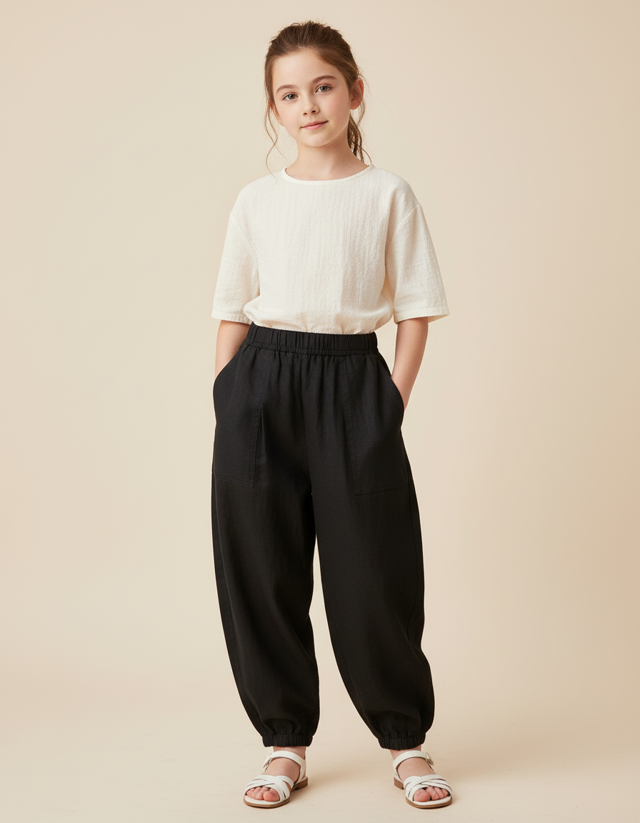 Pantalon Baggy Noir Lin Ample Enfant Décontracté Confortable