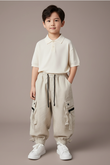 Pantalon Baggy Beige Cargo Ample Enfant Coton