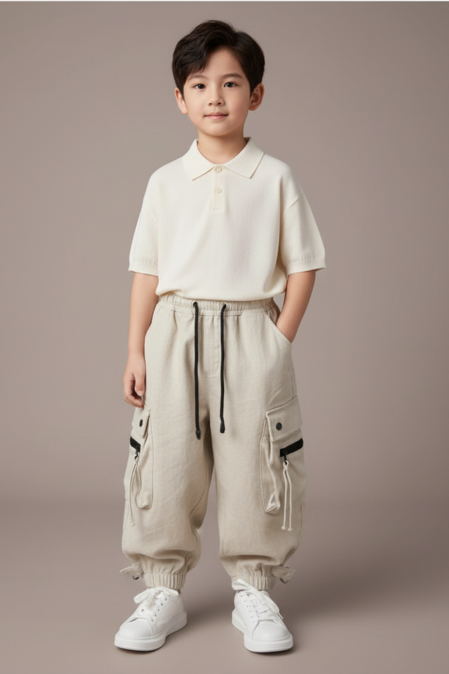 Pantalon Baggy Beige Cargo Ample Enfant Coton