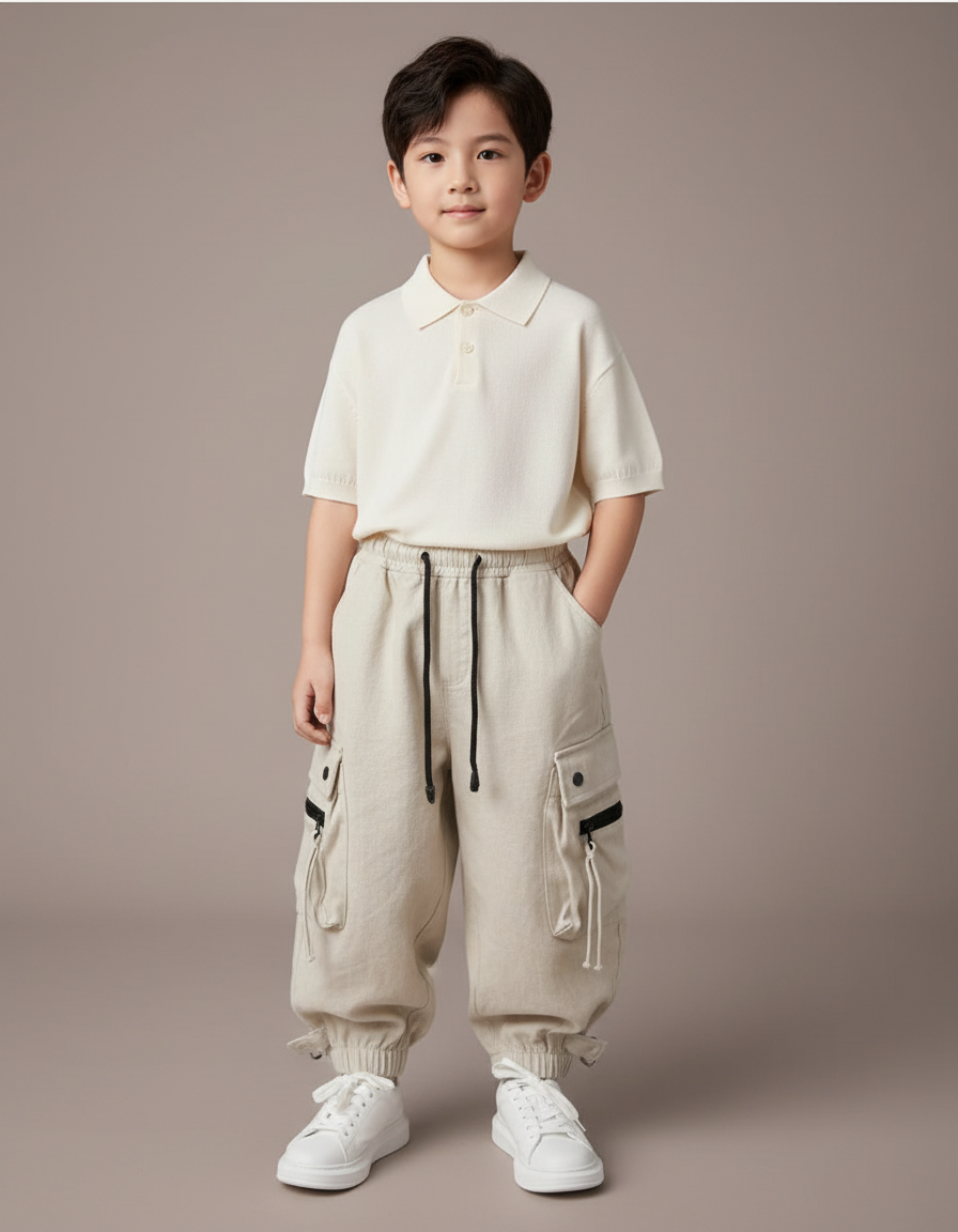 Pantalon Baggy Beige Cargo Ample Enfant Coton