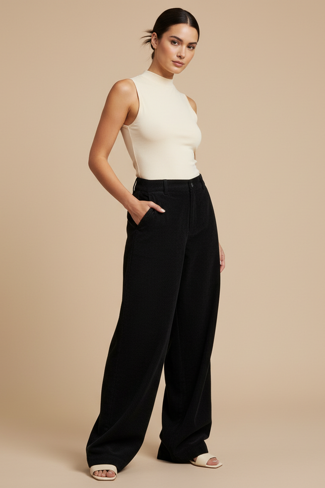 Pantalon Baggy Noir Côtelé Large Décontracté Femme - Cordé
