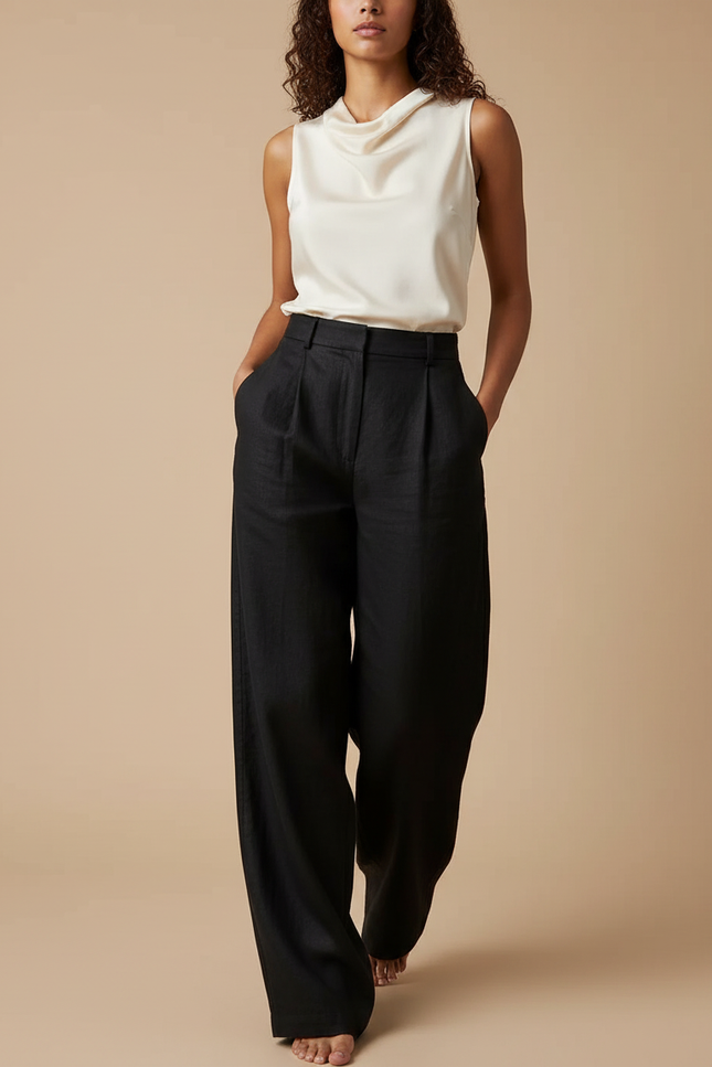 Pantalon Baggy Noir Lin Plissé Ample Chic Femme