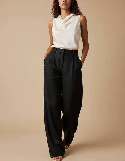 Pantalon Baggy Noir Lin Plissé Ample Chic Femme