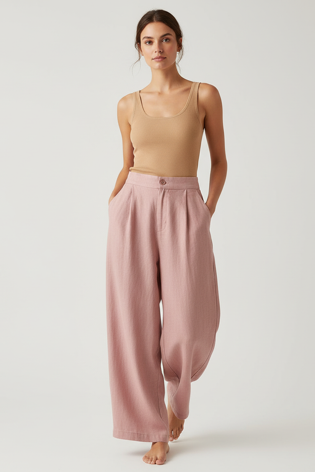 Pantalon Baggy Rose Ample Lin Décontracté Femme