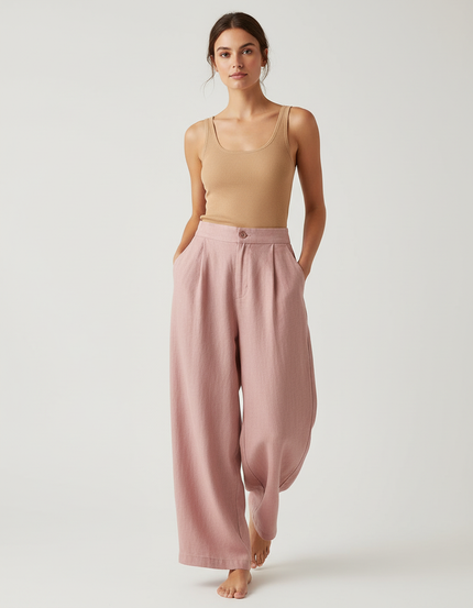 Pantalon Baggy Rose Ample Lin Décontracté Femme