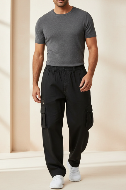 Pantalon Baggy Noir Ample Multi-Poches Tactique Homme - Toile