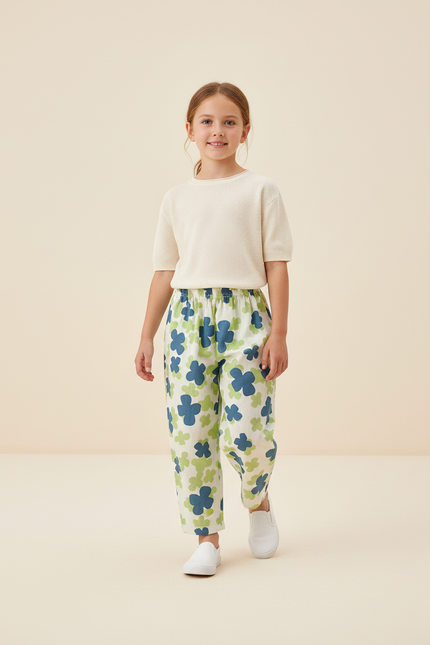 Pantalon Baggy Fleuri Vert Bleu Imprimé Décontracté - Lin