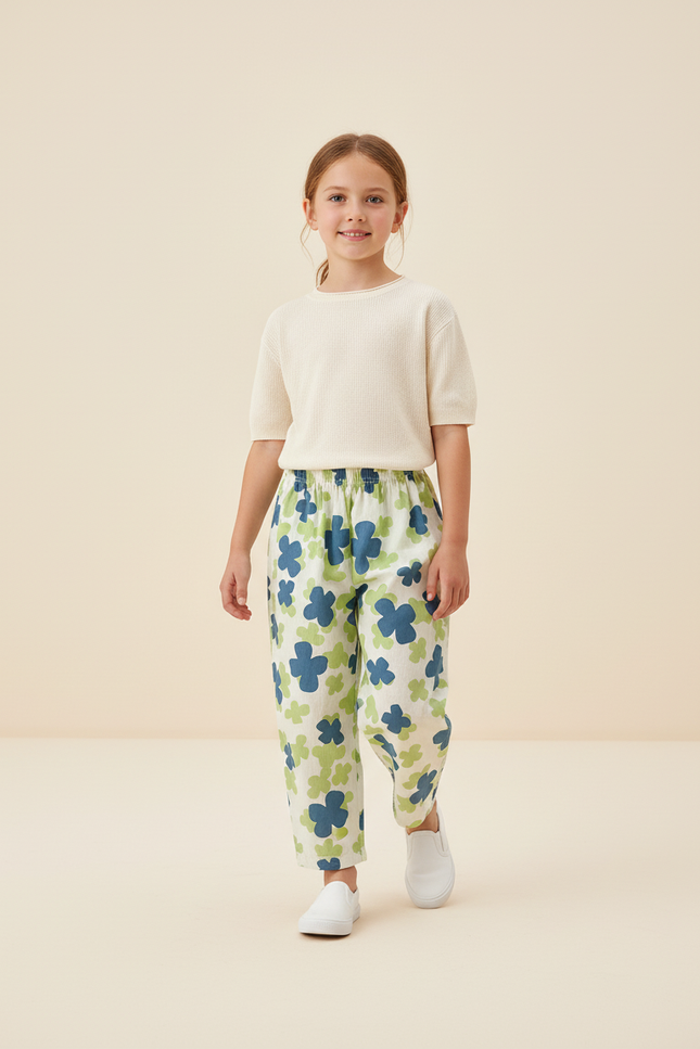 Pantalon Baggy Fleuri Vert Bleu Imprimé Décontracté - Lin