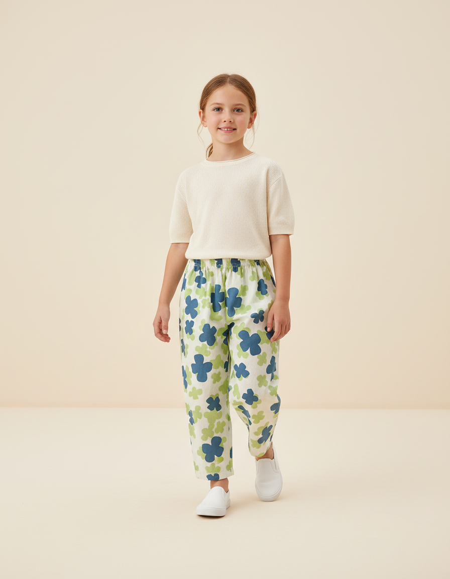 Pantalon Baggy Fleuri Vert Bleu Imprimé Décontracté - Lin