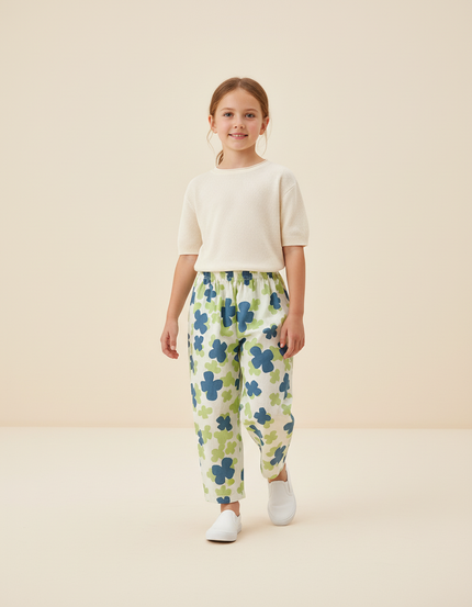 Pantalon Baggy Fleuri Vert Bleu Imprimé Décontracté - Lin