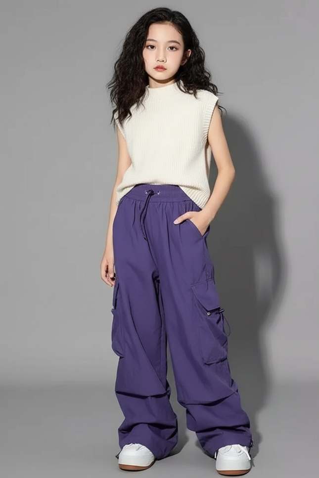 Pantalon Baggy Violet Cargo Ample Streetwear Fille - Polyester