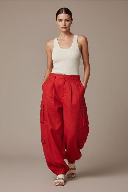 Pantalon Baggy Rouge Cargo Large Lin Femme