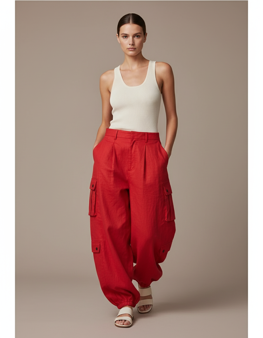Pantalon Baggy Rouge Cargo Large Lin Femme