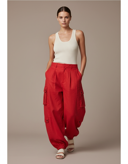 Pantalon Baggy Rouge Cargo Large Lin Femme