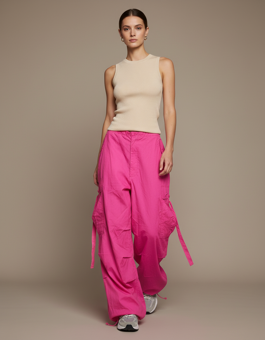 Pantalon Baggy Rose Fluide Ample Cargo Streetwear - Polyester