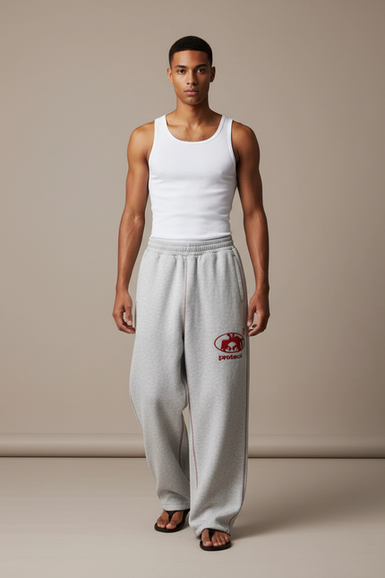 Pantalon Baggy Gris Molleton Brodé Décontracté Large