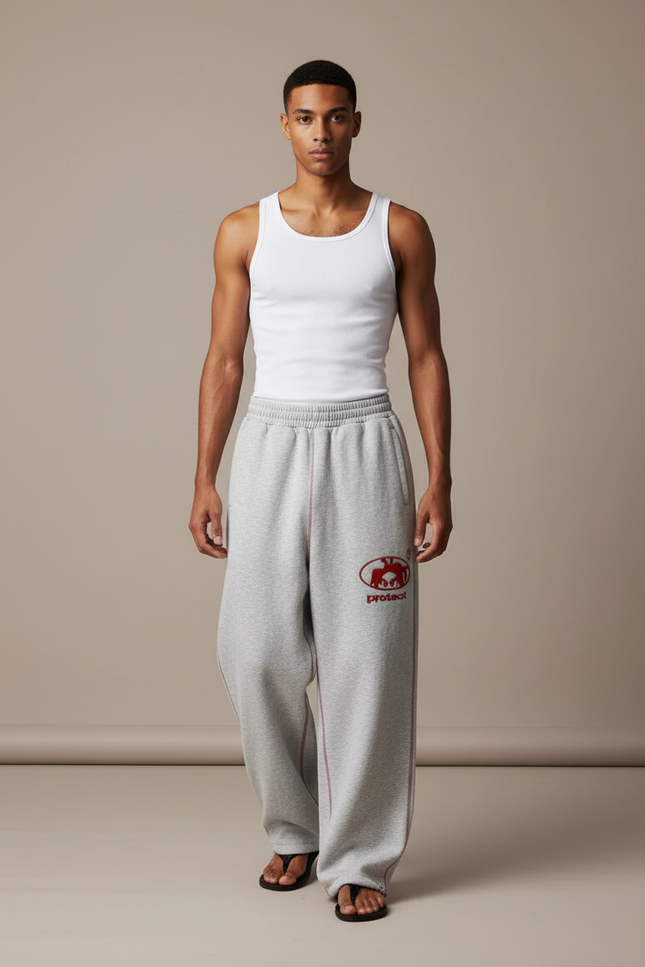 Pantalon Baggy Gris Molleton Brodé Décontracté Large