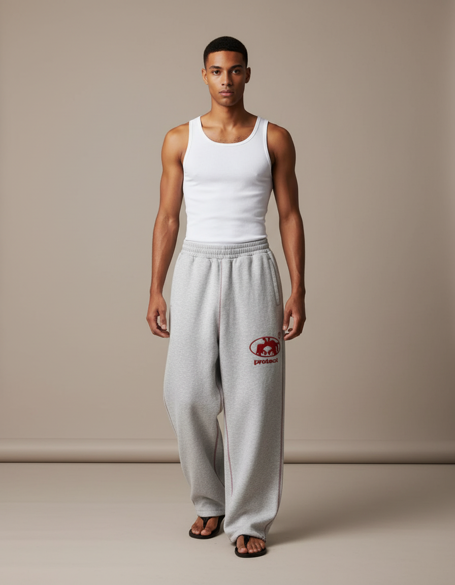 Pantalon Baggy Gris Molleton Brodé Décontracté Large