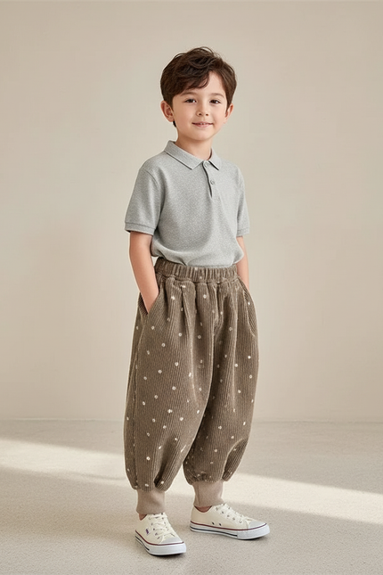 Pantalon Baggy Velours Côtelé Marron Points Blancs Ample Enfant - Cordé