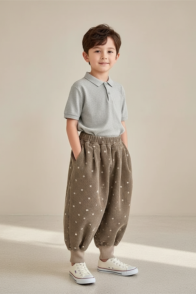 Pantalon Baggy Velours Côtelé Marron Points Blancs Ample Enfant - Cordé