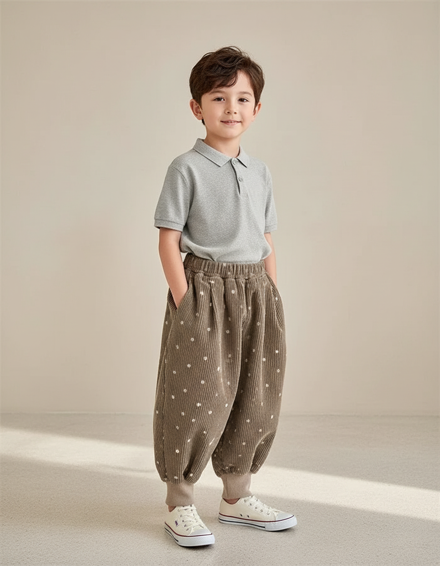 Pantalon Baggy Velours Côtelé Marron Points Blancs Ample Enfant - Cordé