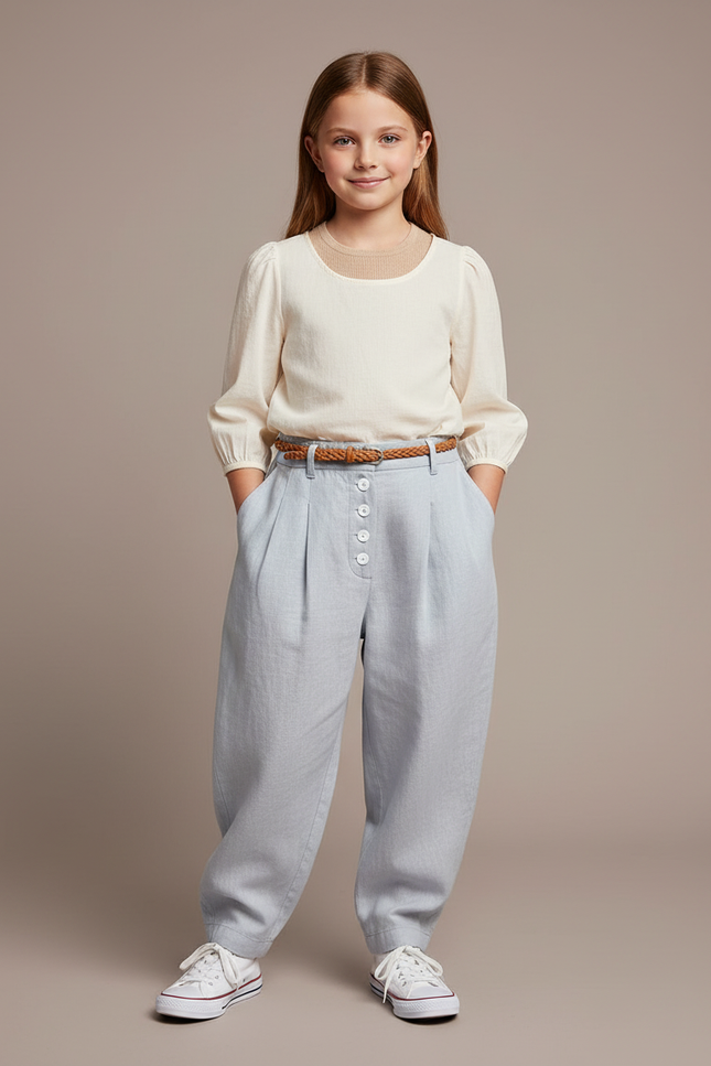 Pantalon Baggy Bleu Clair Lin Plissé Enfant