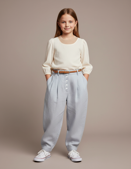 Pantalon Baggy Bleu Clair Lin Plissé Enfant