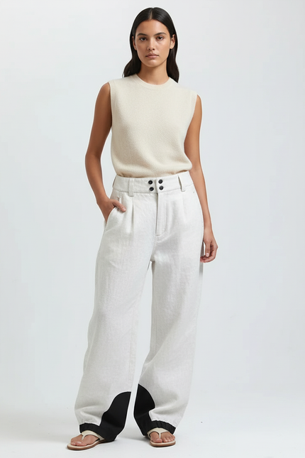 Pantalon Baggy Lin Clair Large Élégant Contrasté - Beige